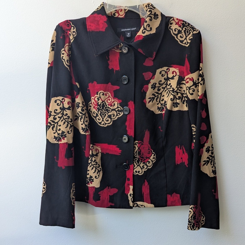 Vtg Long Sleeve Button Up Blouse Black Red Abstract Damask Med Bold Artsy *READ